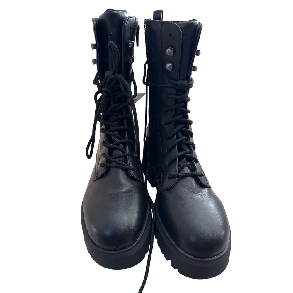 Madden Girl Black Combat Boots Lace Up Side Zip Lug Sole Platform Moto Size 8‎